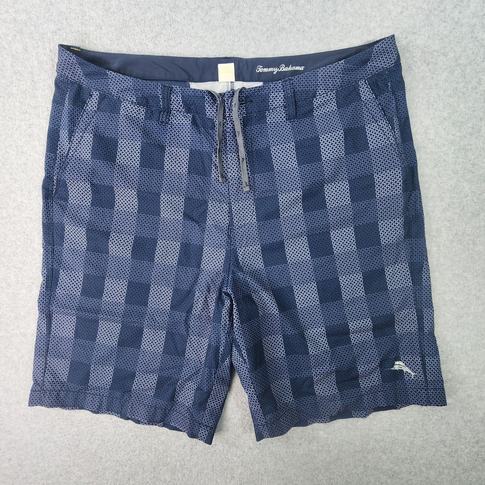 Tommy Bahama Shorts Mens Size 38x10 Blue Checkered Chino Flat Front Drawstring